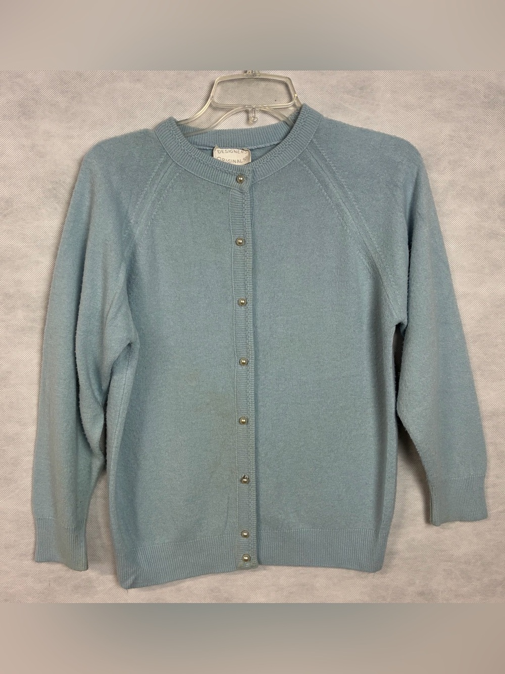 Vintage Designers Originals Blue Button Front Knit Cardigan Petite XS 80s Stains